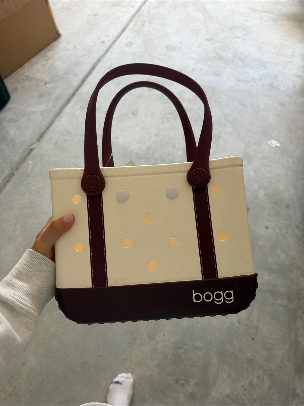 BOGG BAG mini Cream Tote with Maroon Accents